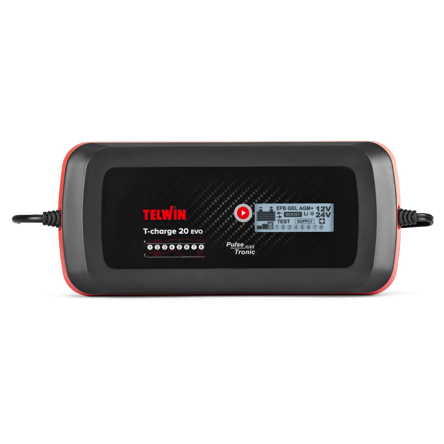 Telwin T-Charge 20 Evo Chargeur Multifonction 12V/24V, Mainteneur de Charge et Testeur avec écran LCD pour batteries de voitures et véhicules avec technologie Pulse Tronic, 100-240V