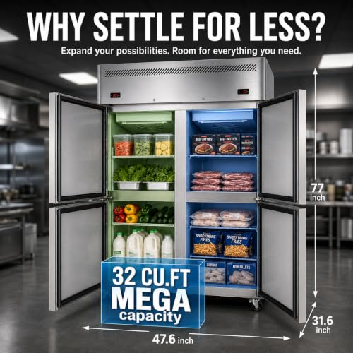 Image of InnerCalm 48 inchW 4 Door Commercial Refrigerator Freezer Combo | 32 Cu.Ft dual zone storage with 6 adjustable shelves, stainless steel body, lockable casters, door locks and auto defrost.