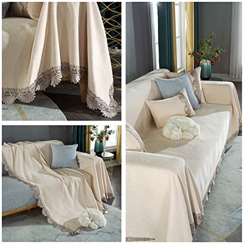 Chenille couverture de canapé beige tissage noble grand format