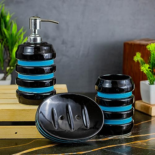 Image of Ceramic Bathroom Accessories Set for Utility and Bathroom Decor | Liquid Soap Dispenser, soap Tray, Toothbrus Holder Glossy Sky Blue and Black (GOA 8)