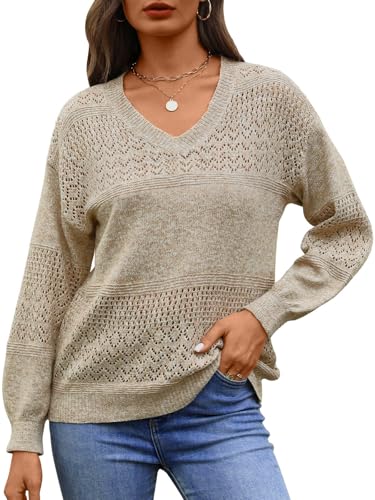 MixShe Womens Knit Sweaters 2025 Fall V Neck Long Sleeve Pullover Casual Loose Tops2