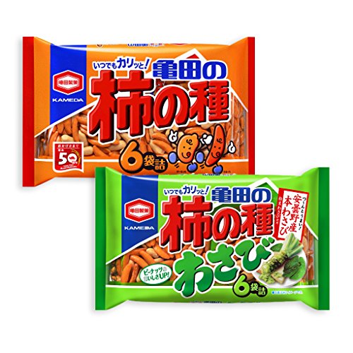 Normal and Wasabi Flavor Set of Kameda Kakinotane Rice Cracker with Peanuts 6 packs: total 200g (7.05oz) + 182g (6.4oz) (Ninjapo Wrapping)