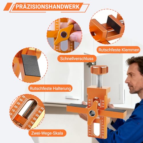XineYuor Schranktür Installationspositionierer Set,Schranktüren Schnellmontagevorrichtung mit 3 Bohrern,Verstellbares SchranktüR Montagehilfe,Hardware Mounting Jig den Meisten Schranktüren(Orange)