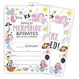 Calling All Mermaids & Pirates - 20 invitaciones de cumpleaños con sobres - Unicornio arcoíris - Tarjetas de invitación de cumpleaños de doble cara para niños, niñas, recuerdos de fiesta y