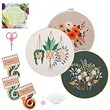 Santune 3 Sets Embroidery Starter Kit with Pattern and Instructions, Cross Stitch Set, Stamped Embroidery Kits with 3 Embroidery Clothes with Plants Flowers Pattern, 1 Embroidery Hoops