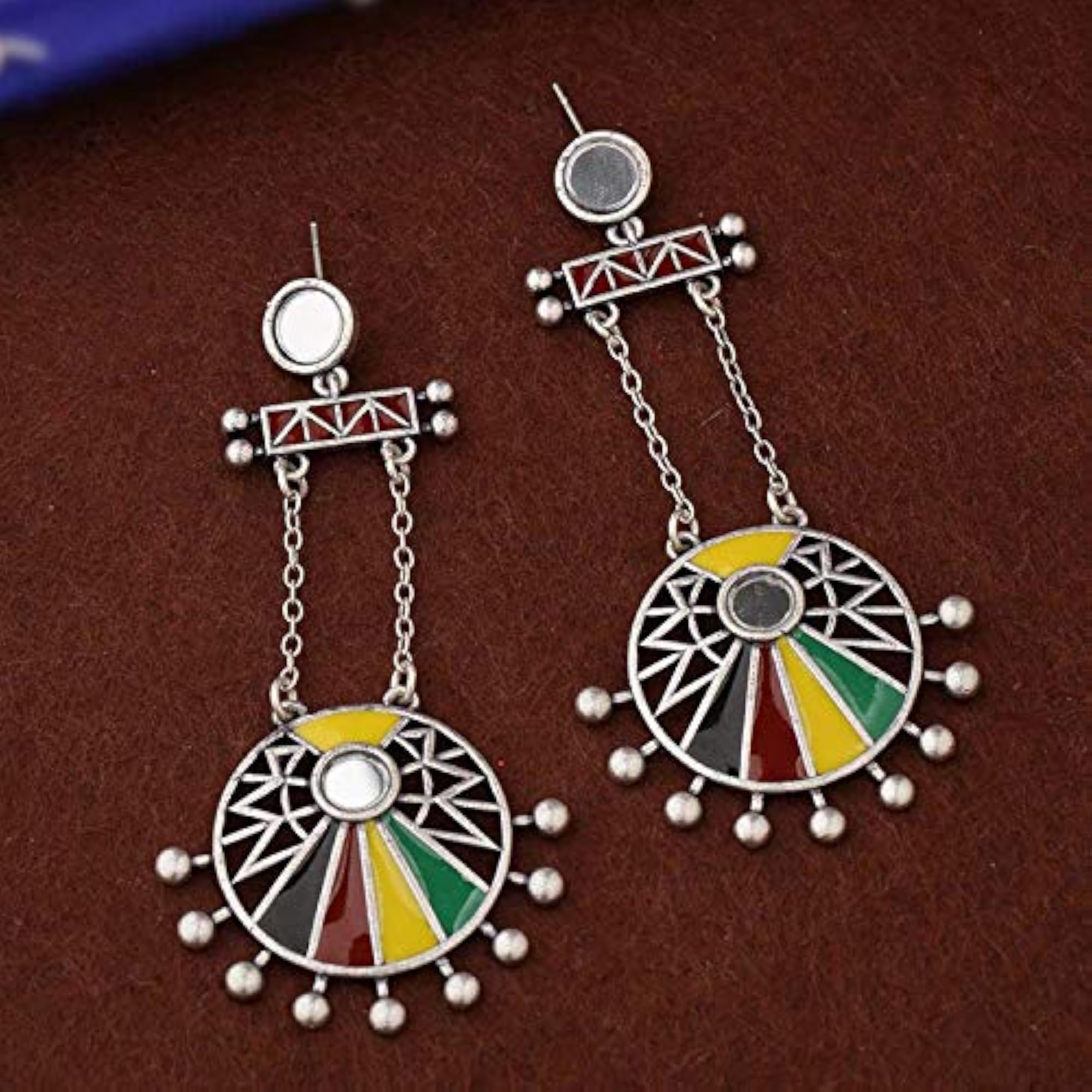 Brass Oxidised Colorful Circles Long Drop Earrings, Statement Style