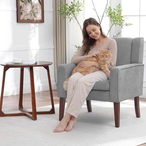 Image of Accent Chairs for Living Room, Mid-Century Reading Chair with Wood Legs, Upholstered Comfy Living Room Chair for Bedroom, Apartment, Waiting Room, Light Grey