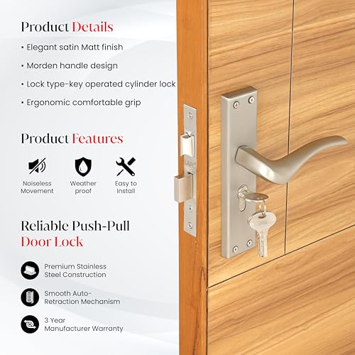 Image of LAPO Mortise Door Lock for Home Main Door & Bedroom with Handle | 3 Brass Keys | Heavy-Duty 60mm Cylinder | 45x45mm Body | Left-Right Fit 30-50mm Door Home Office Hotel | Matt Finish | CY-101