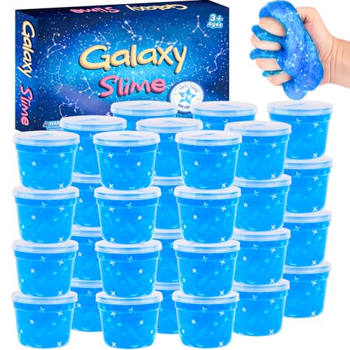 24 Pack Blue Galaxy Slime, Slime Bulk Party Favor for Girls & Boys, Clear Container Jars Galaxy Star Slime Cup, Soft, Wet, Non Sticky, Birthday Gifts, Classroom Rewards for Kids, Goodie Bag Stuffers
