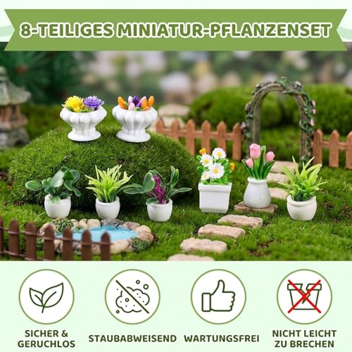 Miniatur Zubehör, Miniatur Pflanzen Set aus 8 Stück, Miniatur Blumen und Miniatur Garten Deko, Puppenhaus Zubehör für Miniatur Landschaften, Mini Pflanzen Dekoration für Inneneinrichtung