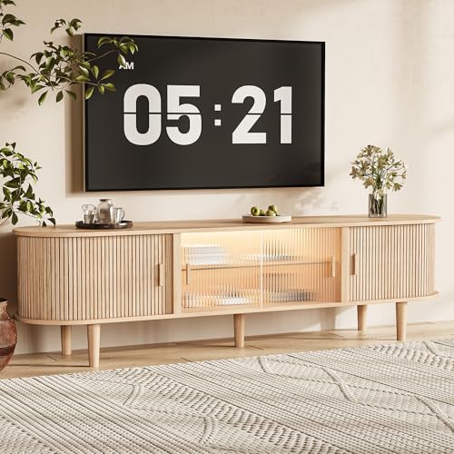 70' Fluted TV Stand with LED Lights for TVs up to 75 Inch, Mid Century Modern Entertainment Center with Sliding Doors & Glass Shelf, TV Console Table Media Console for Living Room, Natural Oak
