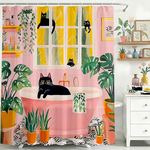 Mocsicka Funny Cat Shower Curtain Boho Cute Fun Black Cats Matisse Bathroom Shower Curtain Kitten Tropical Plant Pink Waterproof Shower Curtains Bathtub Decor with 12 Hooks 72 X 72 Inch (Pink)