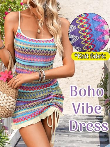 Boho Crochet Striped Swimsuit Coverup, Square Neck Low-Back Bodycon, Drawstring Ruffle Mini Dresses for Women3
