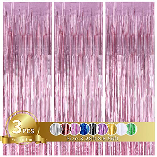 Image of 3Pcs Pink Metallic Tinsel Foil Fringe Curtains,3.28ft x 6.56ft Pink Photo Booth Backdrop Streamer Curtain,Photo Booth Props,Ideal Bachelorette Party Supplies,Birthday, Christmas,New Year Decorations