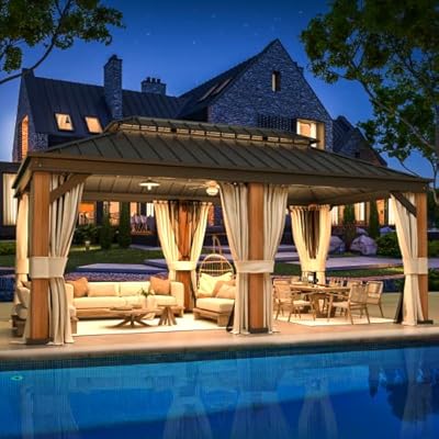 MELLCOM Gazebo 12' x 20', Wooden Finish Coated Thicker Aluminum Frame Gazebo with Galvanized Steel Roof, Outdoor Patio Gazebos with Curtains and Nettings for Patio, Lawn & Garden