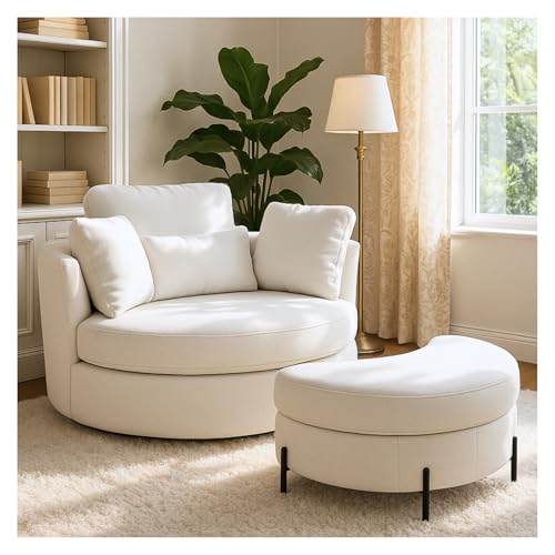 Aortzio 49.6W Oversized Swivel Barrel Chair with Storage Ottoman Chaise Lounge Single Chair with Foot Rest for Living Room Apartment Bedroom (Beige with Ottoman).