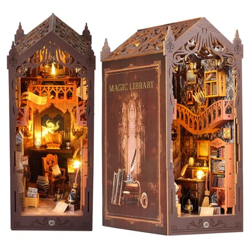 HooySprs-Casa de muñecas para adultos, rompecabezas de madera 3D para adultos con muebles y luz LED, estantería para Navidad, cumpleaños, Halloween (biblioteca mágica)