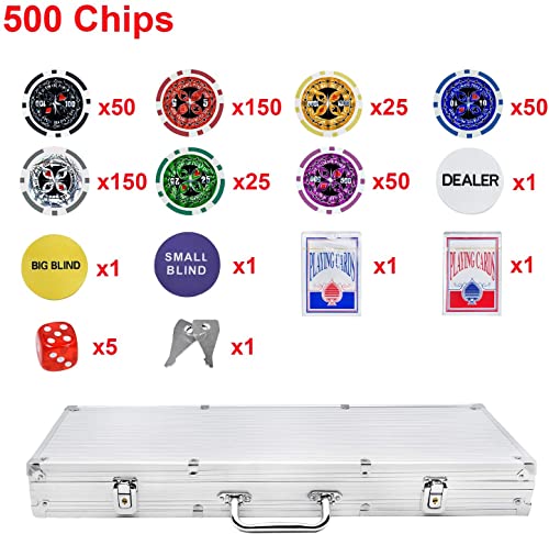 LARS360 Pokerkoffer mit 500 Laser Pokerchips, 11,5g Abschließbar Pokerkarten Zubehör Deluxe Pokerset, Casino Chipszahl, 55,5x20,5x6,4cm, Silber – Bild 5