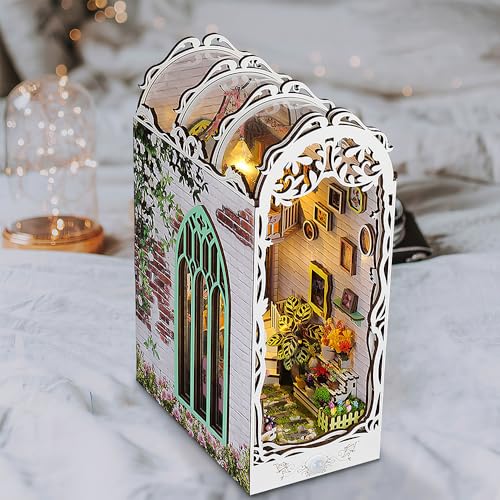 KBIBCK DIY Book Nook Kit, DIY Gartenhaus Miniatur, 3D Puzzle Buchstützen aus Holz, DIY Miniatur Haus mit LED Leuchten und Möbeln, Puppenhäuser Miniatur Haus Kit Modellbausätze für Erwachsene zum Bauen
