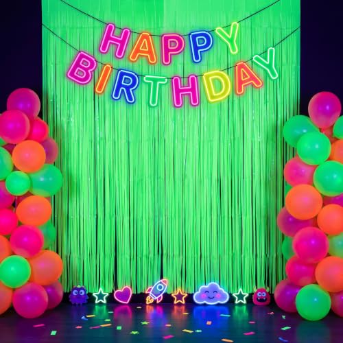 Image of TONIFUL 2Pcs Fluorescent Green Metallic Tinsel Foil Fringe Curtain Streamer | 3.3ftx6.6ft Photo Booth Backdrop Door Streamer Curtain for Black Light Glow Party Birthday Graduation Disco Decorations