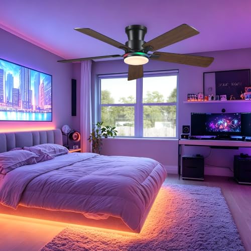 Image of JSAITEE 52in Flush Mount Ceiling Fans with Lights Low Profile, Brown RGB | Ceiling Fans with Lights Flush Mount Low Profile, Reversible Motor, 3CCT Dimmable, Noiseless, 6 Speeds, Brown Modern