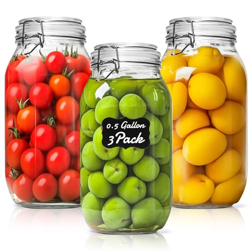 Image of ComSaf Large Glass Mason Jars with Airtight Lids Half Gallon 3 Pack Bulk | BPA-free food-grade glass, wire clamp seal, half-gallon 71 oz bulk, vegetable pickling, fermentation jars, candy jar