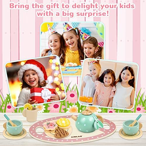 Airlab Wooden Tea Party Set for Girls Boys Pretend Play Kids Kitchen Accessories Food Toys with Teapots Cups Dessert Tray Toddlers Gift for 3 4 5 Years Old — view 6