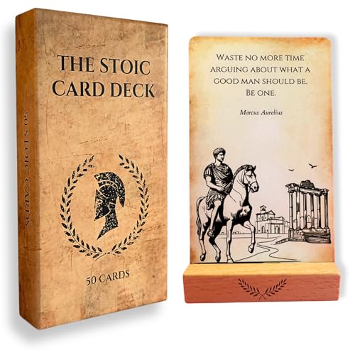 Elephmental Space Stoic Wisdom & Affirmation Cards – 50 Double-Sided Cards with Quotes & Practices – Philosophy Deck with Wooden Stand for Mindfulness, Discipline & Emotional Resilience