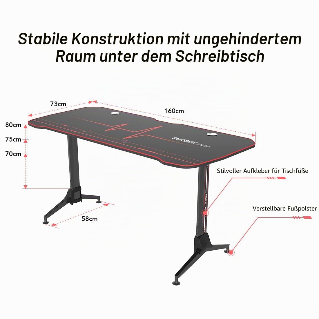 SANODESK Gaming Schreibtisch höhenverstellbarer Computertisch PC Schreibtisch mit 160cm übergrößem Desktop, Schwarz …