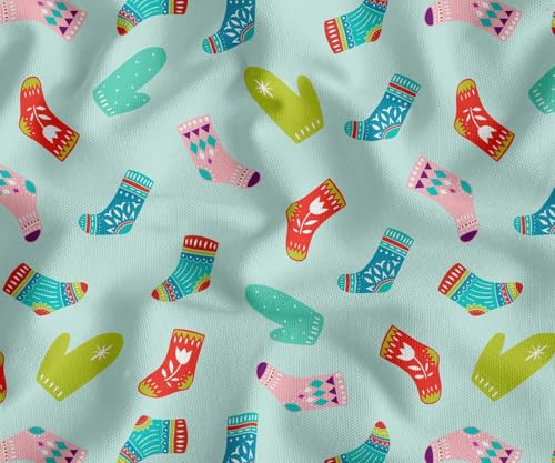 Image of Soimoi Green Cotton Canvas Fabric Socks & Gloves Folk Art Print Fabric by the Meter 56 Inch Wide