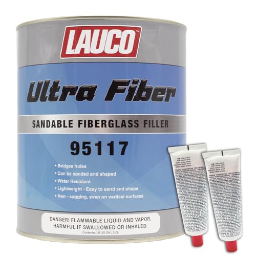 LAUCO Ultra Fiber Sandable Fiberglass Filler, Bridges Holes, Water Resistant, Lightweight, for Fiberglass, Steel, Plastics, Base Color of Yellow-Green, 3 Liters + 2 Hardener, Pack of 1