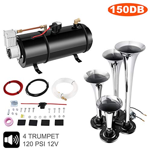 Hicient 150DB Train Air Horn Kit, 4 Trumpet Train Horn Kit with 120 PSI Air Compressor for Any 12V Vehicles Trucks Trains Boats Cars Vans (Black)