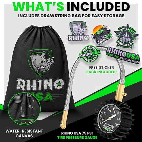 Rhino USA Heavy Duty Tire Pressure Gauge (0-75 PSI) - Certified ANSI B40.1 Accurate, Large 2" Easy Read Glow Dial, Premium Braided Hose, Solid Brass Hardware, Best for Any Car, Truck, Motorcycle, RV