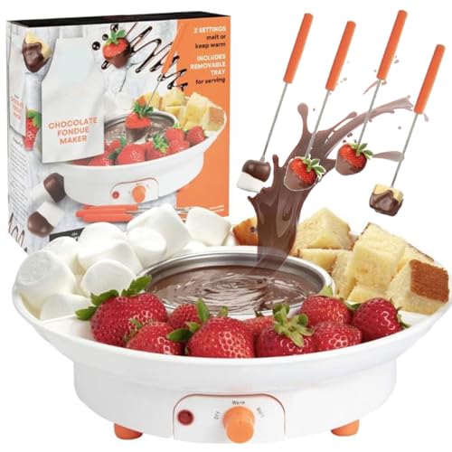 Pentola per fonduta di Cioccolato, Set per fonduta di Cioccolato Perfetto da 260 ml con 4 forchette e 3 vassoi a Scomparti, modalità Riscaldamento e Mantenimento in Caldo, Set per fonduta elettrica