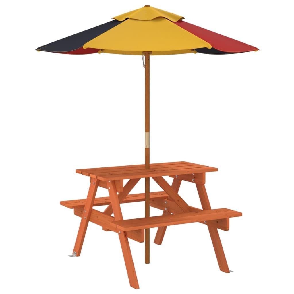 Tavolo da picnic per 4 bambini in legno di abete massiccio con ombrellone, tavolo da giardino per terrazza e balcone, tavolo da esterno stabile per cene, barbecue, feste in giardino e in
