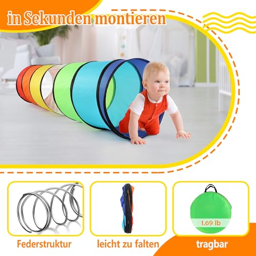 Wilwolfer Tunnel für Kinder - Spielzelt für Draußen mit Mesh-Seiten - 180cm Tunnel für Kinder motorische Fähigkeiten Baby-Krabbel-Spielzeug Klappbares Pop-up-Spielzeuggeschenk für Tiere (Regenbogen)