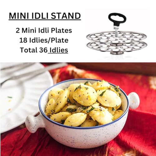 Image of Stainless Steel Mini Idli Maker | Mini Idli Stand | Small Idli Maker With Rod and Lifter (2 Plates - 36 Idlies) Fits in all Idli cooker