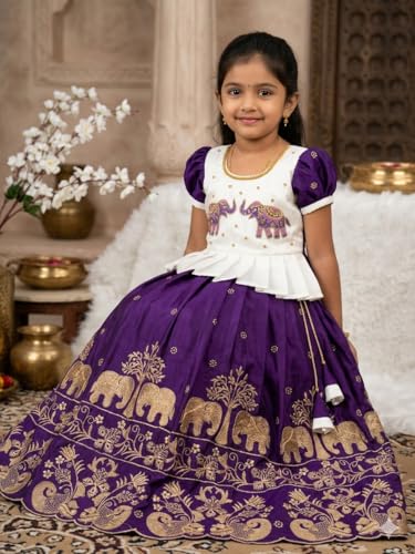 Image of White Button Girls' Ethnic Peplum Top and Jacquard Langa Voni type Lehenga Choli Set- Traditional Outfit