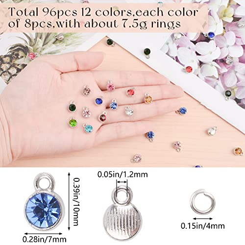 URROMA Crystal Birthstone Beads, 96 Pcs Round Crystal Charms for Jewelry Making 12 Colors, Silver With Ring, 96pcs - Image 2