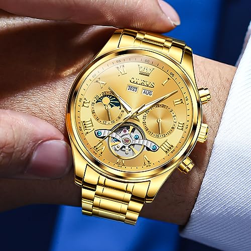 Image of OLEVS Automatic Men Watch Self Winding Mechanical Moon Phase Business Luxury Diamond Dress Stainless Steel Waterproof Luminous Mens Wrist Watch
