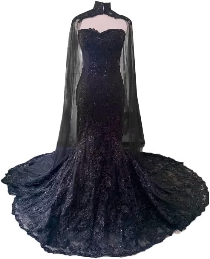 PFTFB Sequins Tulle Mermaid Wedding Dresses for Bride with Cape Lace Black Bridal Gowns Strapless Wedding Gowns