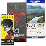 3 Tafeln 100% Kakao Edel-schokolade, Bio: Schweizer Stella. Zotter Labooko Peru. Edelmond Orinoco. In der Geschenk Box