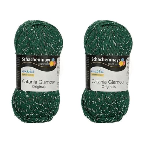 2 Skein Schachenmayr Catania Glamour Originals Yarn, Sparkle Cotton Metallic Soft Yarn, Easy Crochet Smc Catania Yarn, 2-Fine Shiny Knit Yarn, Glitter Cotton Yarn Pack (172-Green) #TOP9