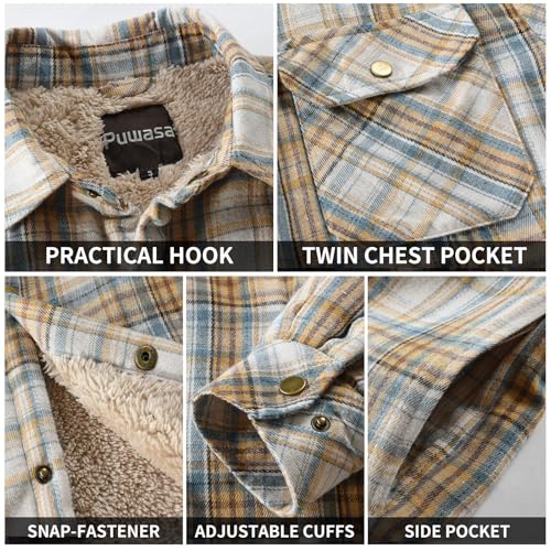 Image of Men's Sherpa Cotton Flannel Shirt Jacket Plaid Button Coat Pocket