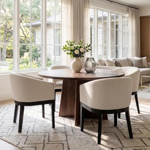 Image of HNY Barrel Dining Chairs Set of 4, Mid Century Modern Upholstered Dining Chairs with Arms, Linen Kitchen & Dining Room Chairs, Solid Wood Frame Accent Chairs for Kitchen, Apartment, Cream