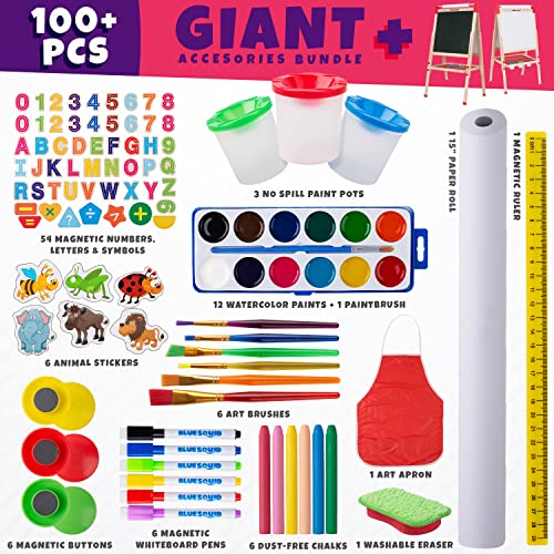 Blue Squid Art Easel For Kids - 100+ Accessories Double Sided Wooden Kids Easel Drawing Board With Magnetic Chalkboard, Dry Erase White Board & Paper Roll Paint Art Set For Kids Toddlers 2-4 4-8 9-12 #TOP3