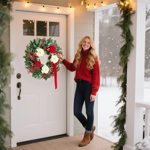 Christmas Wreaths for Front Door 24 Inch Prelit Holiday Wreath with Red Roses, White Peonies, Red Berries, Greenery & Velvet Bow Christmas Door Wreath Indoor Outdoor by Soomeir - Image 5