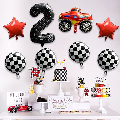 8Pcs Monster Truck Balloons For 2Nd Birthday Kit, Checkered Star Foil Balloons Number 2 Balloons Monster Truck Two Fast Birthday Party Decorations Supplies For Kids Boys Race Fans #TOP4