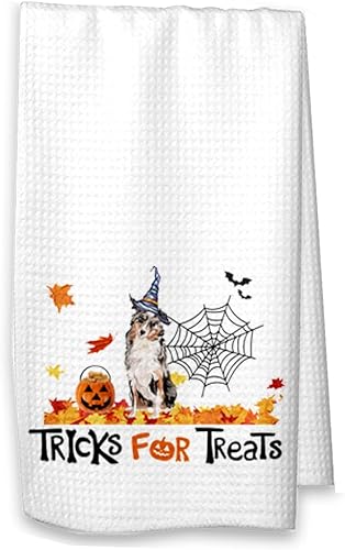 Studio 9Thirty3 Trucos para golosinas Pastor australiano Halloween Cocina Waffle Toalla, decoración de otoño para mascotas (toalla blanca,