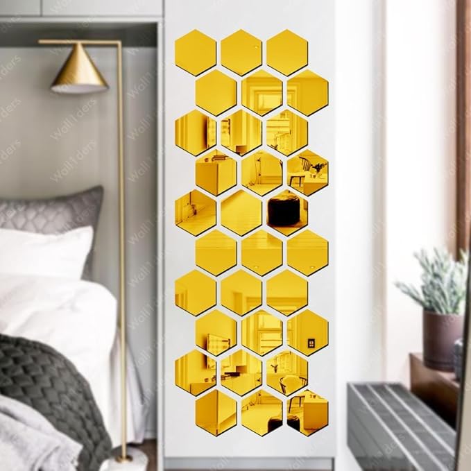 Image of Wall1ders Hexagon 30 Golden 10 Butterfly Acrylic Mirror Wall Stickers.